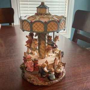 Musical Bear Carousel Music Box  8" In Height Plays Great. Wind Up.